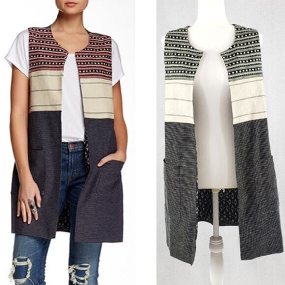 Sanctuary Vest Women S Textured Striped Long Length Black Cream Green Pockets - Picture 1 of 9